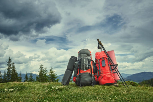 istock Backpacks in the mountains overlooking the mountains on the green grass. 953937836