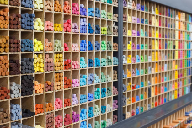multicolored pastel crayons in store, closeup view