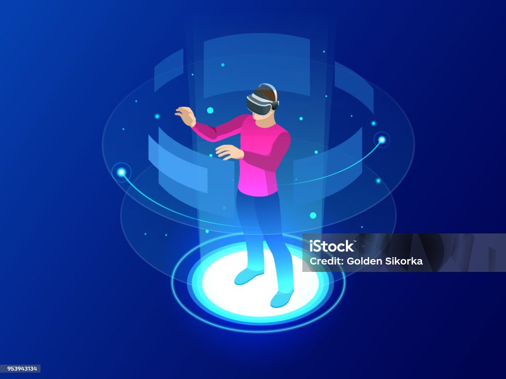 Isometric Man wearing goggle headset with touching vr interface. Into virtual reality world. Future technology Isometric Man wearing goggle headset with touching vr interface. Into virtual reality world. Future technology. Vector illustration Virtual Reality Simulator stock vector