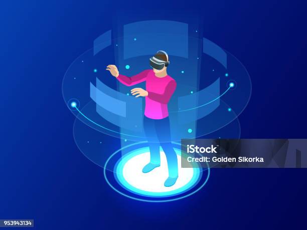 Isometric Man Wearing Goggle Headset With Touching Vr Interface Into Virtual Reality World Future Technology Stock Illustration - Download Image Now