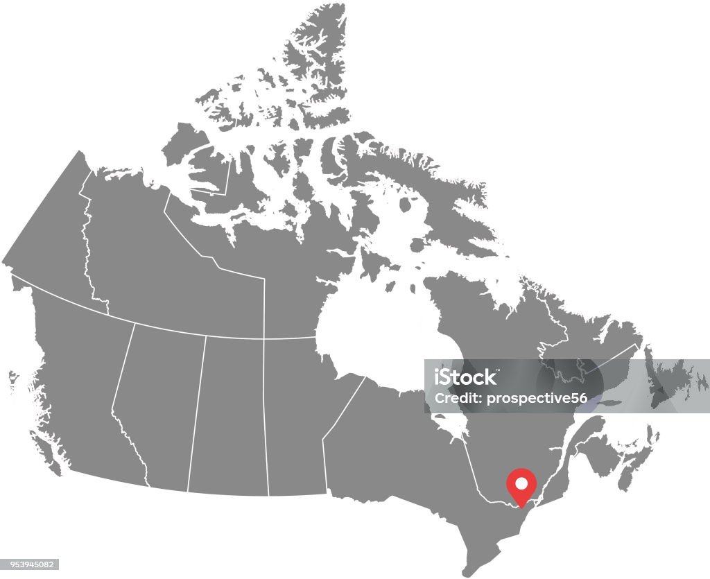 Canada map vector outline illustration with provinces or states borders and capital location, Ottawa, in gray background. Highly detailed accurate map of Canada prepared by a map expert. Map stock vector