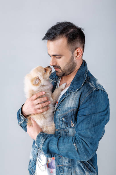 istock man in denim jacket holds pomeranian dog. 953945452