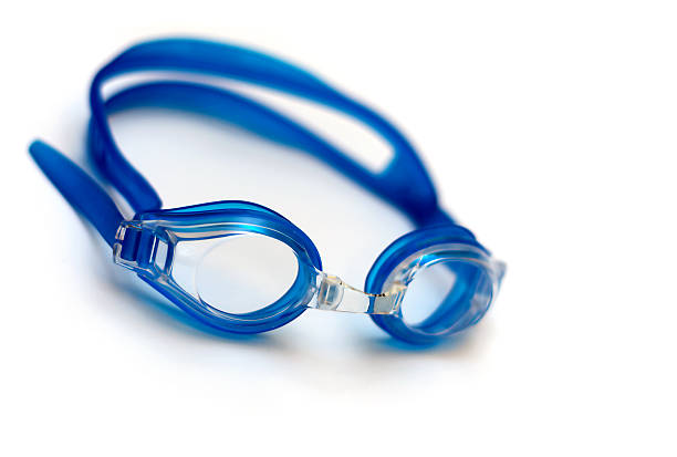 blue glasses for swim on white background stock photo