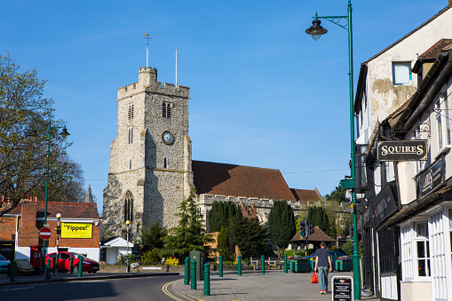 Rayleigh, Essex - April 18th 2018: A view of Holy Trinity church from the High Street in the market town of Rayleigh in Essex, UK, on 18th April 2018.