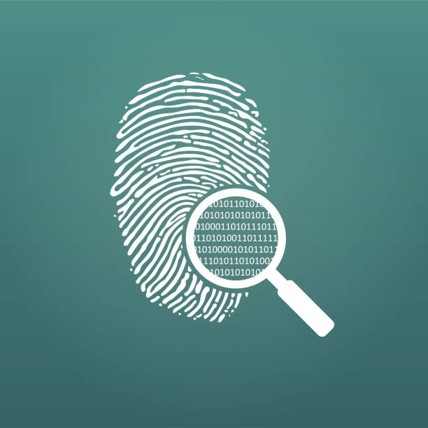 istock ID fingerprint icon with magnifying glass and matrix 1 0. Fingerprint vector illustration isolated on modern background. 953986332