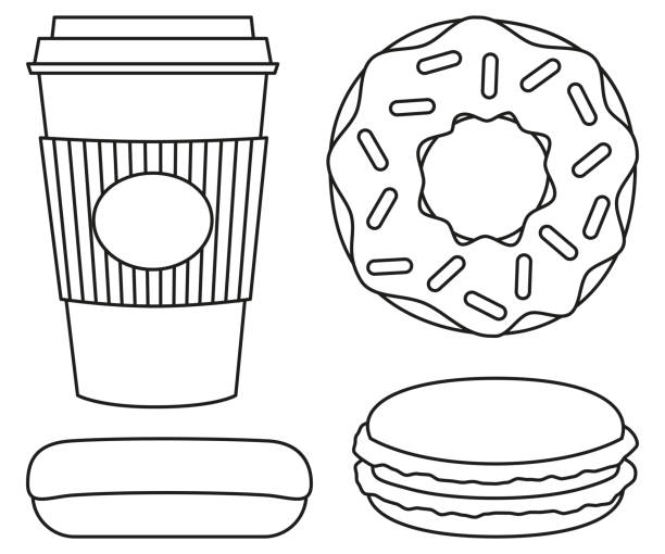 illustrazioni stock, clip art, cartoni animati e icone di tendenza di line art caffè in bianco e nero e set di ciambelle - coffee bagel donut coffee cup
