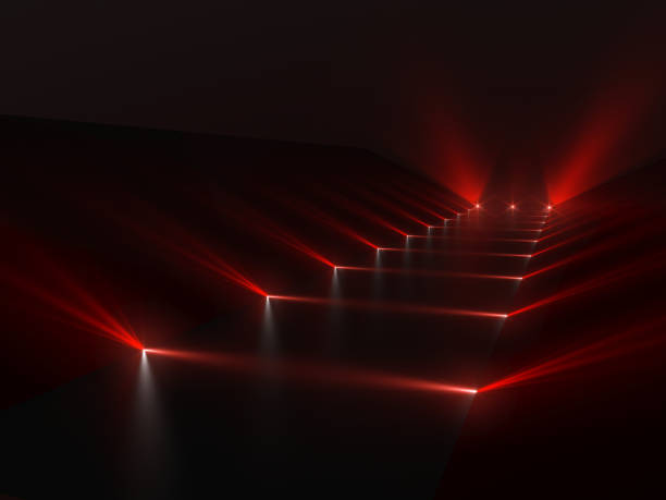 istock Futuristic dark red podium with light and reflection background 953999376