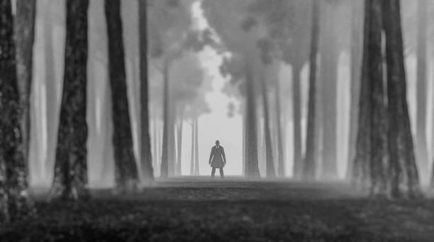 istock Spooky man in trench coat standing in the forest 954004486