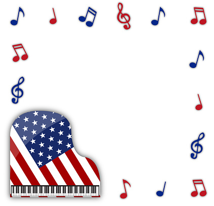 An American flag grand piano design with musical notes isolated on a white background