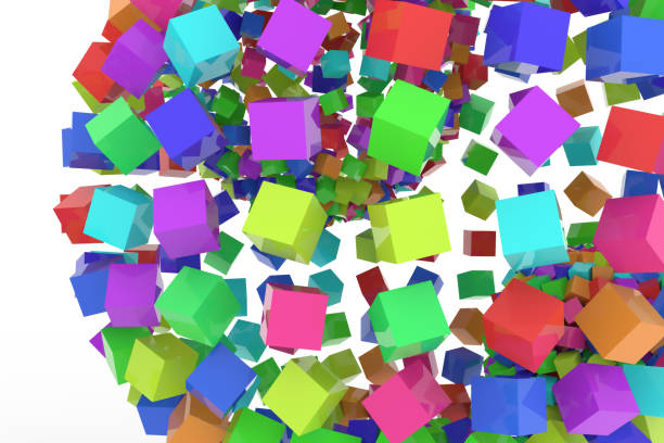 istock Colorful spheres from squares, modern style soft white & gray background. Backdrop, art, design & rendering. 954012844
