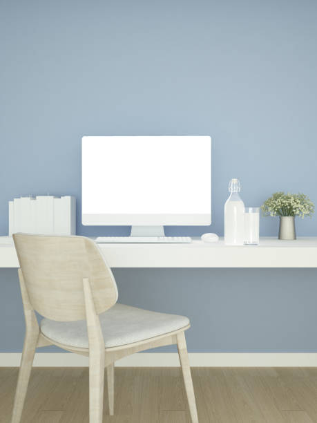 istock Study room and blue wall decorate for artwork - Study area or workplace of  small office in home or apartment - 3D Rendering 954012886