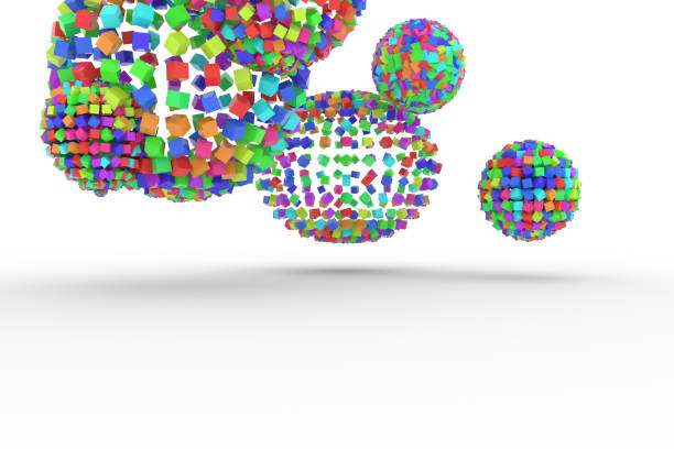 istock Colorful spheres from squares, modern style soft white & gray background. Backdrop, digital, greeting & design. 954013206