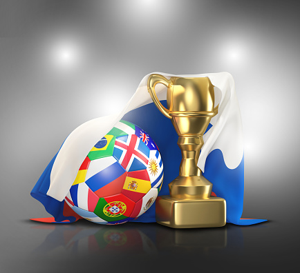 Soccer ball with national flags on grass over white background. World countries football championship.  3D illustration with copy space. Including clipping path. Set of 26 image
