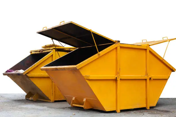 Photo of Industrial Waste Bin (dumpster) for municipal waste or industrial waste, isolated on white background.