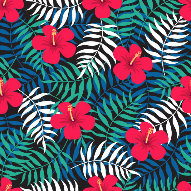 ilustrações, clipart, desenhos animados e ícones de padrão sem emenda floral tropical com folhas exóticas e flores vermelhas de hibisco. - hawaiian culture hibiscus print pattern