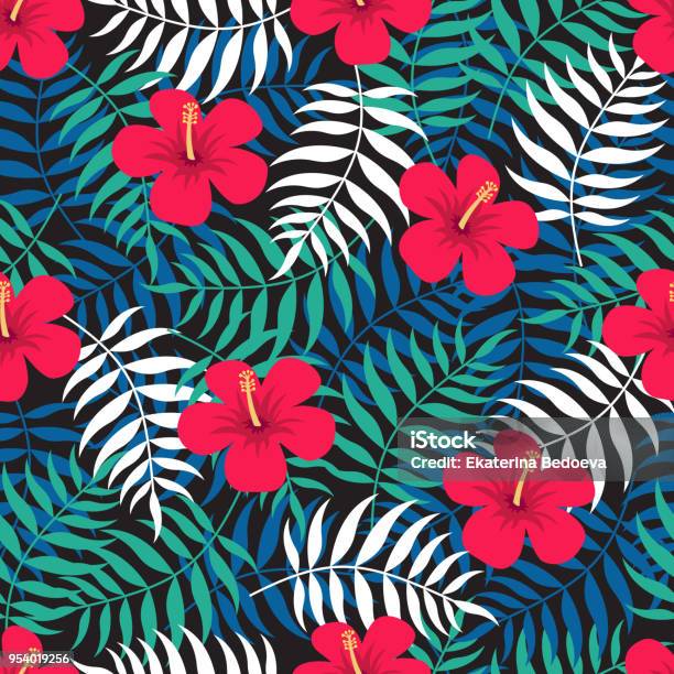 Tropical Floral Seamless Pattern With Exotic Leaves And Red Flowers Of Hibiscus Stock Illustration - Download Image Now