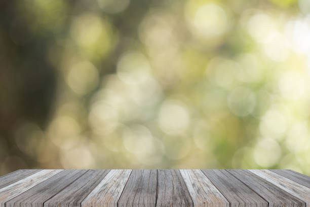 istock Wooden shelves over abstract bokeh colorful for background 954023714