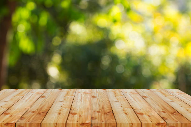 istock Wooden shelves over abstract bokeh colorful for background 954023768