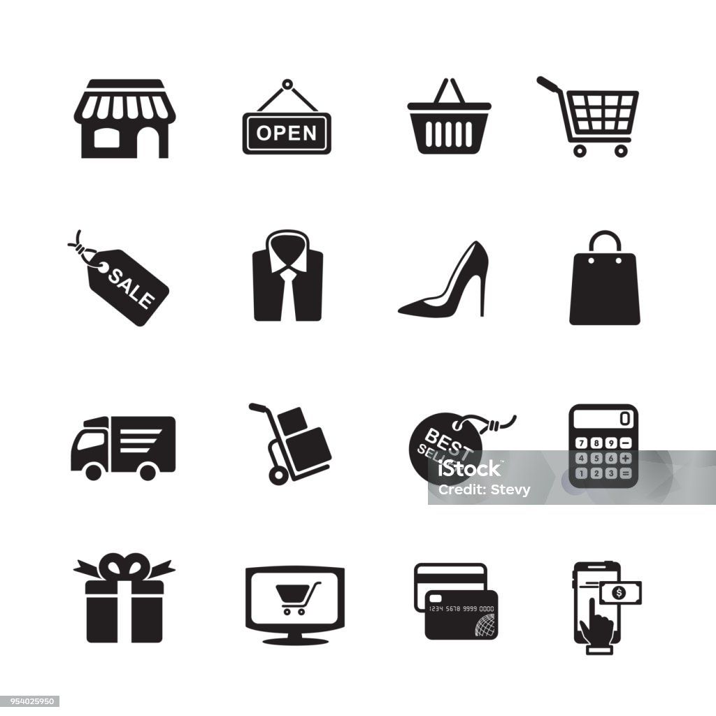 Shopping icons Shopping icons, set of 16 editable filled, Simple clearly defined shapes in one color. Icon Symbol stock vector