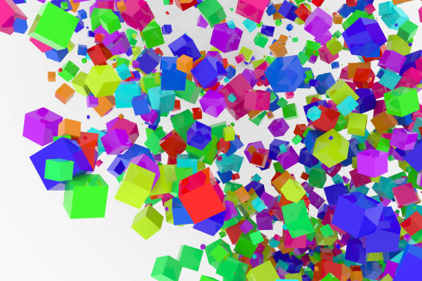 istock Bunch of colorful square boxes flow from the floor, modern style background or texture. Messy, shape, celebrations & party. 954034852