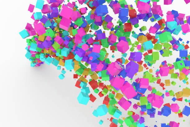 istock Bunch of colorful square boxes flow from the floor, modern style background or texture. Graphic, creative, messy & effect. 954035350