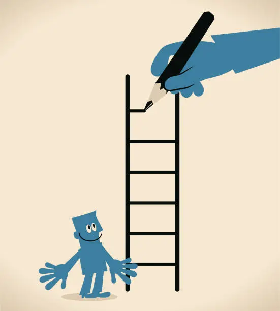 Vector illustration of Big hand holding a black pencil and drawing a ladder to help businessman move up, way to success concept