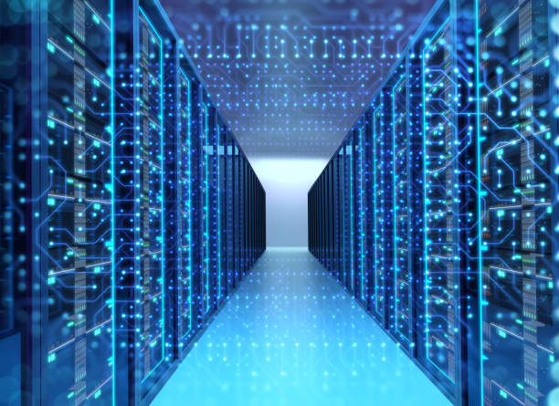 istock Corridor of  server room with server racks in datacenter. 3d illustration 954039494