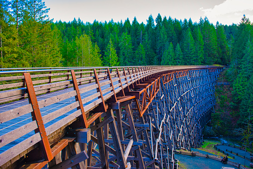 View of Kinsol Trestle wooden railroad bridge in Vancouver Island, BC Canada.