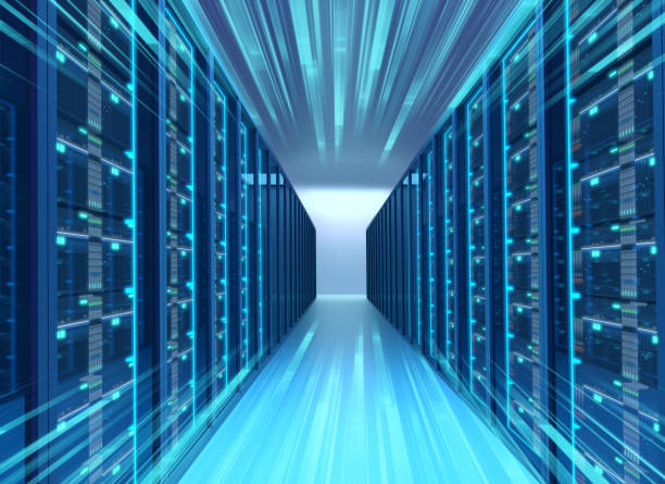 istock Corridor of  server room with server racks in datacenter. 3d illustration 954040124