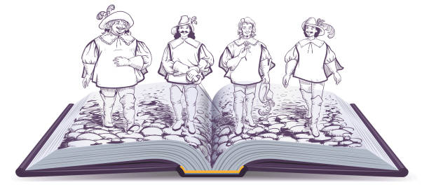 ilustrações de stock, clip art, desenhos animados e ícones de open book historical novel illustration about three musketeers - four people illustrations