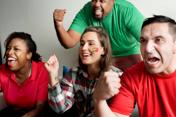 istock Friends cheering world cup with painted flag 954051164