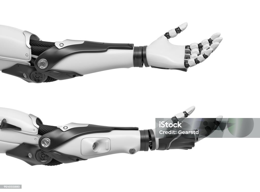 オープン手のひらと指ロボットハンドのリラックスした 2 つの黒と白のセットの 3 d レンダリングと�突き出て - 工業用ロボットのロイヤリティフリーストックフォト