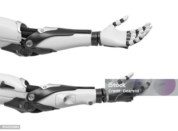 オープン手のひらと指ロボットハンドのリラックスした 2 つの黒と白のセットの 3 D レンダリングと突き出て - 工業用ロボットのストックフォトや画像を多数ご用意