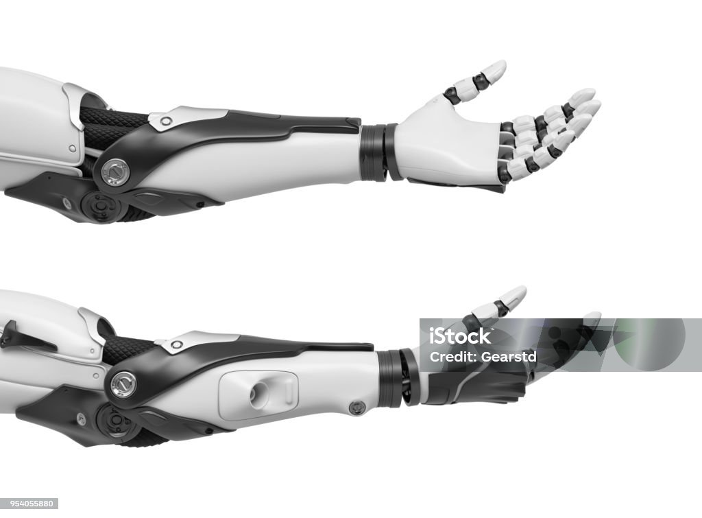 3d rendering of set of two black and white robotic hands with palms open and fingers relaxed and sticking out 3d rendering of set of two black and white robotic hands with palms open and fingers relaxed and sticking out. Robotics and machinery. High tech solutions. Android hands. Robotic Arm Stock Photo