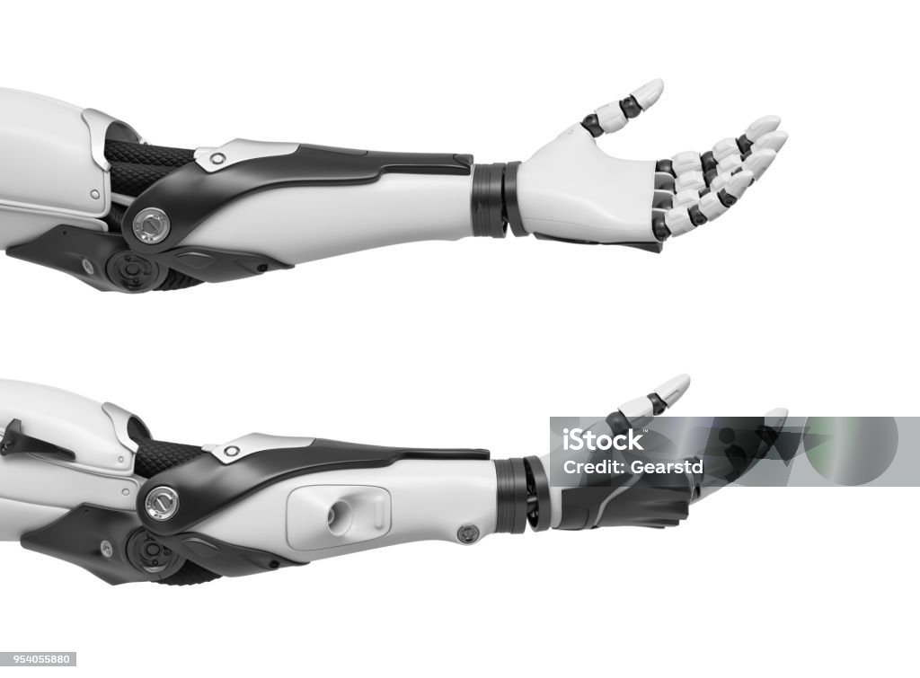 renderização 3D de conjunto de duas preto e branco robóticas mãos com as palmas das mãos abertas e os dedos relaxadas e saindo - Foto de stock de Braço robótico royalty-free