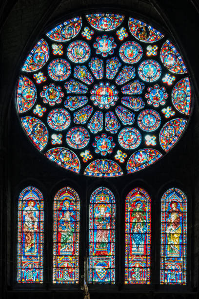 Chartres, France - May 22, 2017: South transept rose window inside Chartres Cathedral