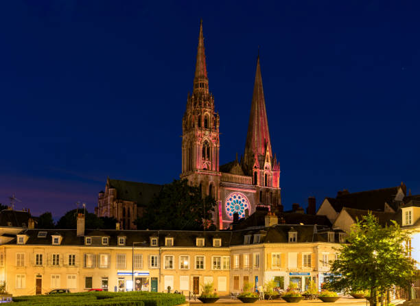 Illumination of Chartres Cathedral at night stock photo