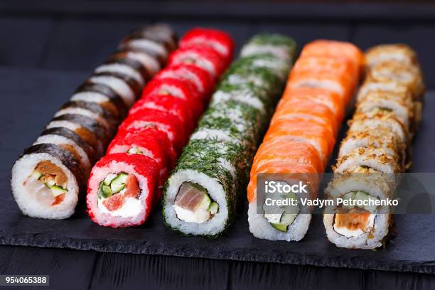Japanese Cuisine Restaurant Menu Photo Of Multicolored Deliciou Stock Photo - Download Image Now