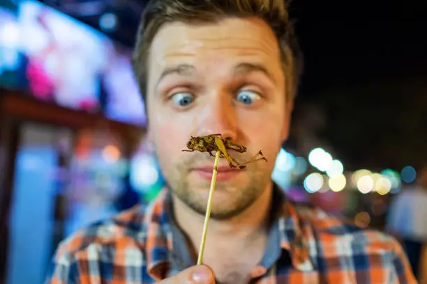 Photo of Caucasian young male eating cricket at night market in Thailand.