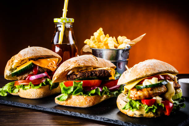 Big burger, French fries and vegetables