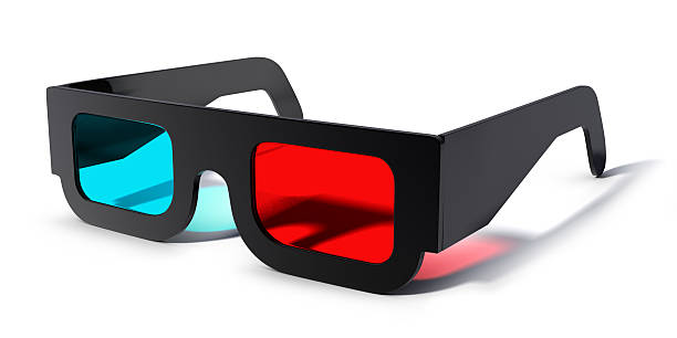 Close up of 3-d glasses against white background