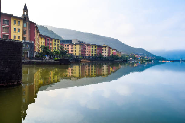 A beautiful landscape view of lavasa city in India captured from one end of the lake