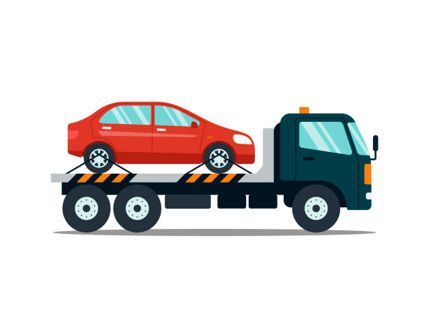 istock Car evacuating broken or damaged auto isolated on white background. Evacuator carrying car to the parking lot. Repair service vector illustration. 954082146