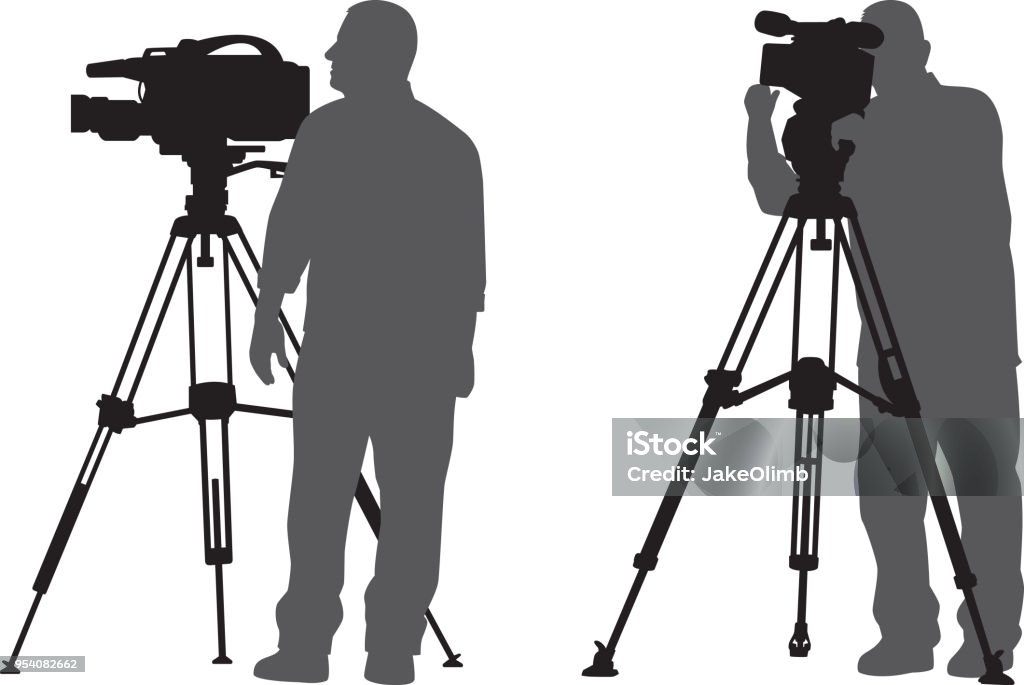 Man with News Camera Silhouettes Vector silhouettes of a man using a news camera on a tripod. In Silhouette stock vector
