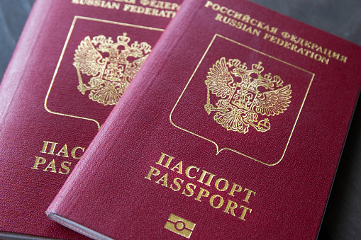 Two passports on a grey neutral background, closeup.