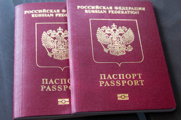 istock Two red Russian passports on a wooden background. Isolated 954083310