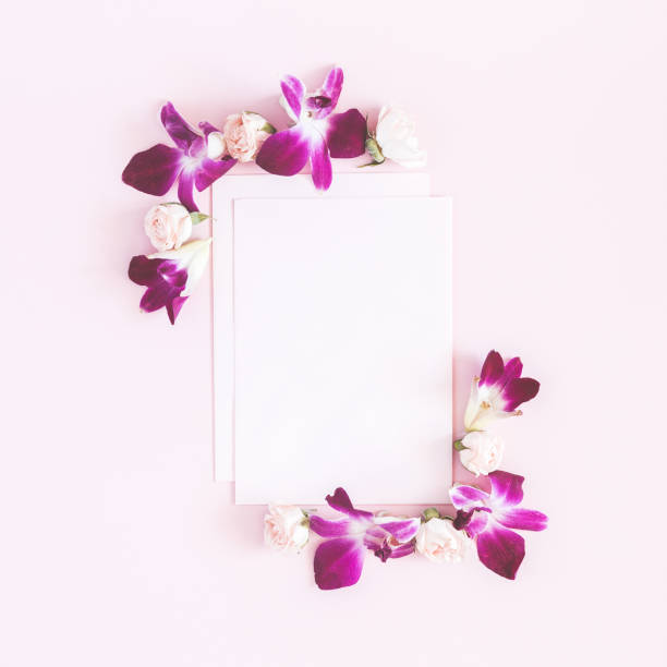 istock Paper blank, orchid flowers. Flat lay, top view 954089044