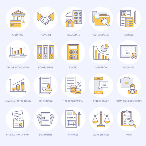 ilustrações de stock, clip art, desenhos animados e ícones de financial accounting flat line icons. bookkeeping, tax optimization, firm dissolution, accountant outsourcing, payroll, real estate crediting. accountancy finance thin linear signs for legal services - finance law tax form tax