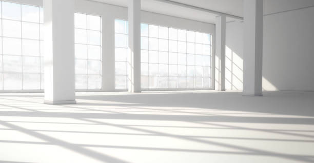 Empty modern bright interior with huge panoramic windows. 3d rendering stock photo
