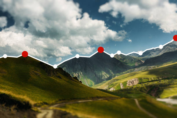 Candle Stick Graph Diagram On Mountain Landscape Background, Success Financial Creative Concept stock photo